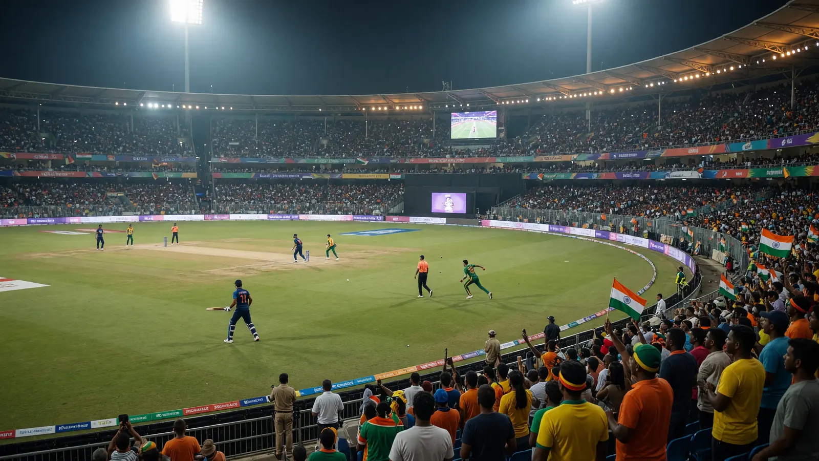 Floodlit night cricket stadium packed with fans waving India flags as blue and green kits contest a delivery on the oval