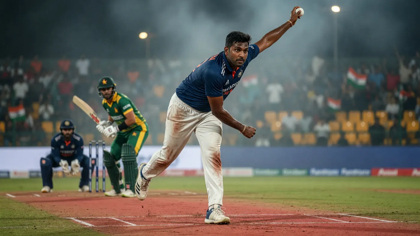 Pace bowler in a navy blue jersey releasing a white ball on a red pitch under night lights while a batter in green waits at the crease