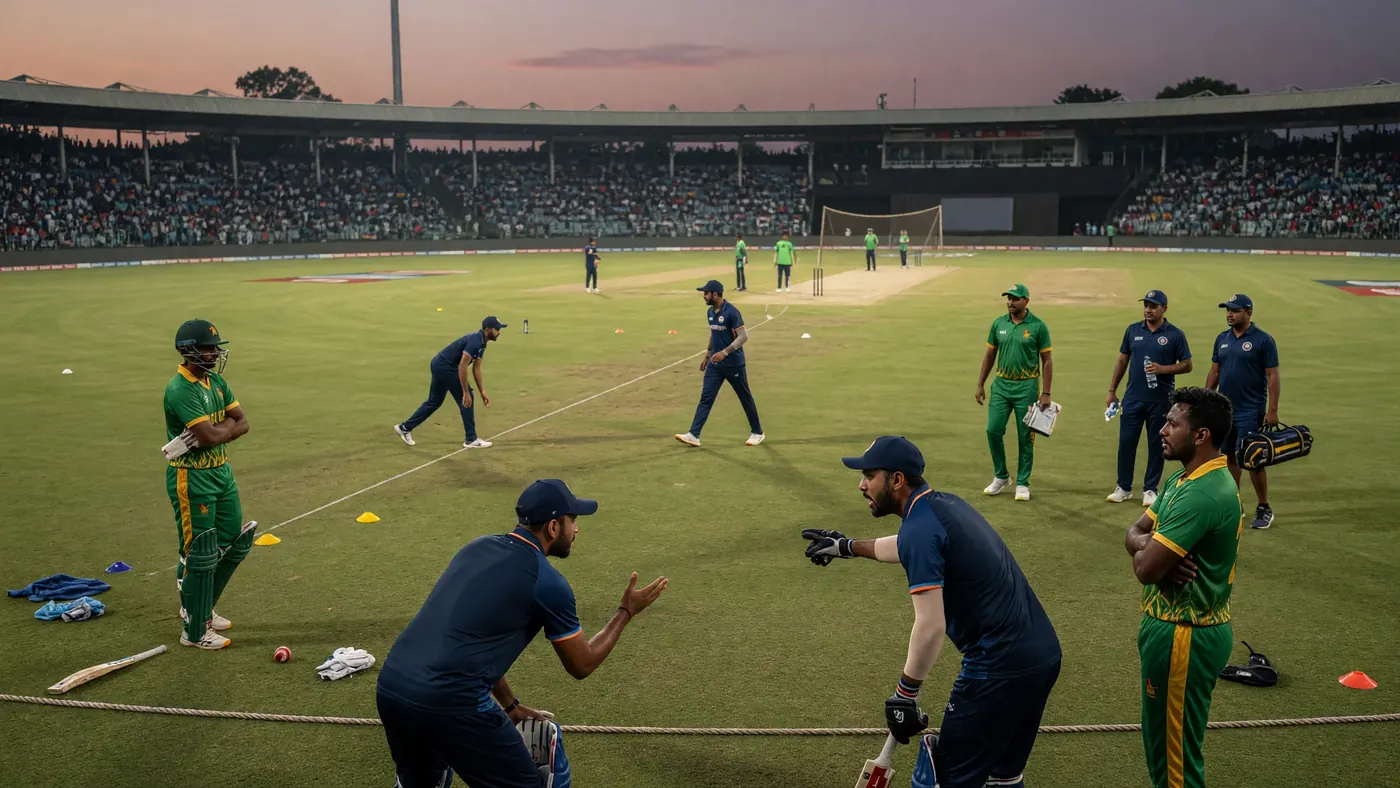 Players in blue and green kits on a dusk practice field with training cones while two teammates in navy confer near the boundary rope