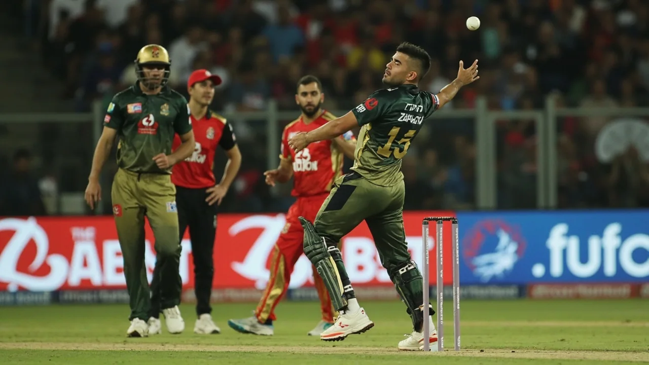 Medium tactical view of a captain adjusting field placements near the powerplay boundary, with fielders visible at slip and catching positions under stadium lighting