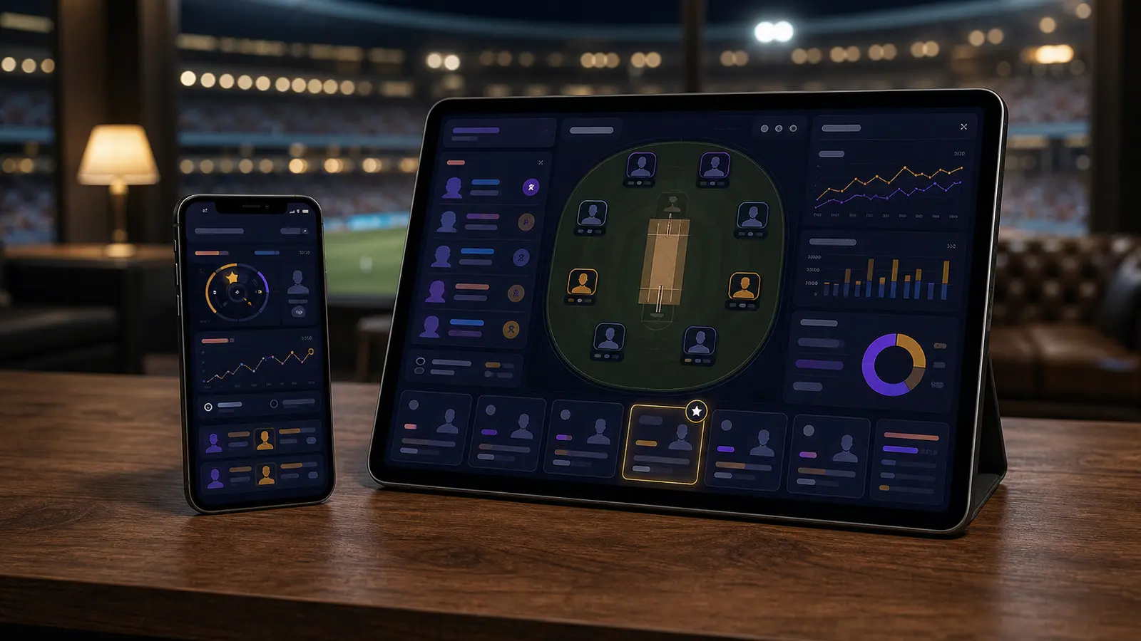 Dark fantasy cricket analysis dashboard on tablet and phone