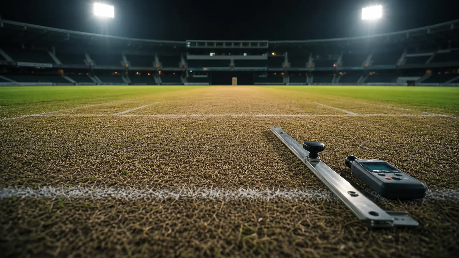 Cricket pitch under floodlights with analysis tools